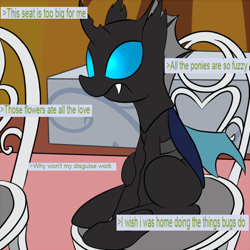 Size: 600x600 | Tagged: safe, artist:datte-before-dawn, kevin (changeling), changeling, slice of life (episode), annoyed, chair, frown, greentext, i wish i was at home, meme, sitting, socially awkward, solo, text