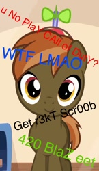 Size: 627x1080 | Tagged: safe, button mash, earth pony, pony, colt, hat, image macro, male, smiling, solo, text