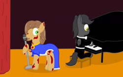 Size: 1280x806 | Tagged: safe, artist:minty candy, oc, oc only, oc:vera lynn, earth pony, ghoul, pegasus, pony, fallout equestria, fallout equestria: empty quiver, clothes, dress, microphone, musical instrument, piano, singing, story