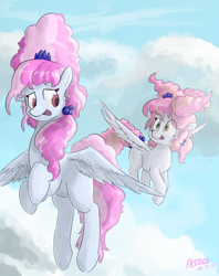 Size: 1349x1704 | Tagged: safe, artist:atteez, cotton puff, cotton sky, brotherhooves social, big hair, flying, sisters