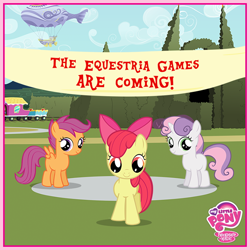 Size: 720x720 | Tagged: safe, apple bloom, scootaloo, sweetie belle, equestria games (episode), cutie mark crusaders, equestria games, facebook, my little pony logo, official, op is a slowpoke