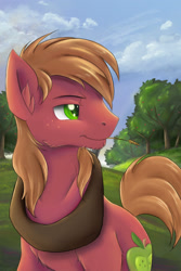 Size: 1650x2475 | Tagged: safe, artist:ardail, big macintosh, earth pony, pony, apple tree, bedroom eyes, cute, fluffy, looking back, macabetes, male, mouth hold, smiling, solo, stallion, sweet apple acres, tree