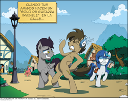 Size: 1024x829 | Tagged: safe, artist:php104, oc, oc only, oc:night cloud, bat pony, earth pony, pony, unicorn, bipedal, comic, eyes closed, female, forced smile, guitar solo, headphones, male, mare, raised hoof, spanish, stallion, sweatdrop, translation, translator:the-luna-fan