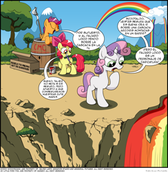 Size: 1024x1050 | Tagged: safe, artist:php104, apple bloom, scootaloo, sweetie belle, rainbow falls, barrel, comic, cutie mark crusaders, grin, i can't believe it's not idw, mouth hold, paint, paintbrush, question mark, raised eyebrow, smiling, spanish, this will end in tears, this will end in tears and/or death, this will end in tears and/or death and/or covered in tree sap, translation, translator:the-luna-fan, tree sap and pine needles, waterfall, woody woodpecker