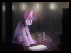 Size: 3600x2700 | Tagged: safe, artist:glacierponi, twilight sparkle, twilight sparkle (alicorn), alicorn, pony, book, dust motes, female, library, magic, mare, reading, sitting, solo