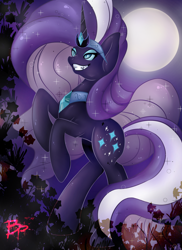 Size: 1700x2338 | Tagged: safe, artist:bloody-pink, nightmare rarity, pony, unicorn, evil grin, female, grin, jewelry, mare, moon, rearing, regalia, smiling, solo