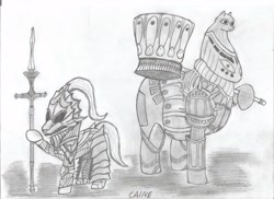 Size: 3507x2550 | Tagged: safe, artist:caine, armor, dark souls, dragon slayer ornstein, executioner smough, monochrome, ponified, signature, traditional art