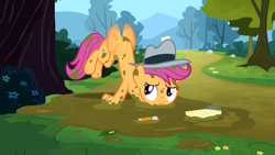 Size: 1280x720 | Tagged: safe, screencap, scootaloo, ponyville confidential, hat, notepad, outfit catalog, scootaloo can't fly, solo