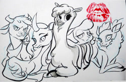 Size: 1280x837 | Tagged: safe, artist:patmai, arizona cow, oleander, paprika paca, pom lamb, velvet reindeer, alpaca, classical unicorn, cow, deer, lamb, reindeer, sheep, them's fightin' herds, bandana, cloven hooves, community related, female, kiss mark, kissing, leonine tail, lipstick