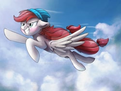 Size: 1024x768 | Tagged: dead source, safe, artist:ibsn, oc, oc only, oc:avery beat, pegasus, pony, deviantart watermark, floppy ears, flying, hat, obtrusive watermark, solo, watermark