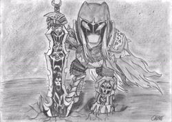 Size: 3507x2482 | Tagged: safe, artist:caine, armor, darksiders, monochrome, ponified, solo, sword, war