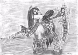 Size: 3507x2492 | Tagged: safe, artist:caine, darksiders, death, monochrome, ponified, scythe, solo