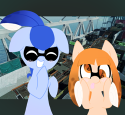 Size: 870x800 | Tagged: safe, artist:php54, original species, squid, blue (inkling), bridge, cute, duo, funny face, inkling, orange (inkling), ponified, splatoon, squidpony