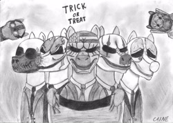 Size: 3507x2492 | Tagged: safe, artist:caine, wolf, bulldozer, chains, cloaker, dallas, houston, hoxton, masks, parody, payday, payday 2, ponified, traditional art, trick or treat