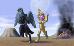 Size: 1112x700 | Tagged: safe, artist:adeptus-monitus, oc, oc only, oc:cypher, oc:puppysmiles, anthro, pegasus, fallout equestria, fallout equestria: pink eyes, crash, crossover, dead space, desert, moon, spaceship, star wars, wreck