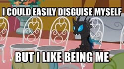 Size: 606x337 | Tagged: safe, screencap, daisy, flower wishes, kevin (changeling), sassaflash, changeling, slice of life (episode), caption, chair, flower, frown, image macro, meme, sitting, solo, solo focus