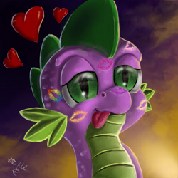 Size: 2700x2700 | Tagged: safe, artist:vittorionobile, spike, dragon, :p, cute, female, implied applespike, implied flutterspike, implied pinkiespike, implied rainbowspike, implied shipping, implied sparity, implied straight, implied twispike, kiss mark, male, shipping, solo, spike gets all the mares, spikelove, straight, tongue out