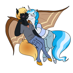 Size: 1000x1000 | Tagged: safe, artist:roxling, oc, oc only, oc:bubble lee, oc:rege liliac, oc:regina liliac, anthro, bat pony, unguligrade anthro, unicorn, anthro oc, blushing, couple, female, kissing, male, rule 63, snuggling, straight