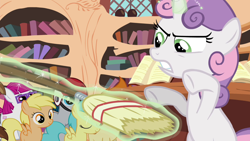 Size: 1280x720 | Tagged: source needed, useless source url, safe, screencap, sweetie belle, twilight time, broom, magic, telekinesis