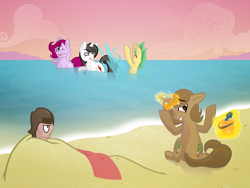 Size: 2000x1500 | Tagged: safe, artist:knadire, artist:knadow-the-hechidna, oc, oc only, oc:alby roo, oc:cell shader, oc:very melon, earth pony, human, pegasus, pony, unicorn, beach, buried, hypershadow55, mink4life, ocean, ponysona, sand, splash, topendito, towel, water, wave