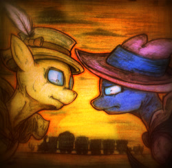 Size: 2505x2448 | Tagged: safe, artist:tamikimaru, mare do well, oc, oc:grand heist, 2015, fanfic art, friendship express, nightmare fuel, sunset, traditional art, vs.