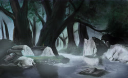 Size: 5400x3300 | Tagged: safe, artist:ruirik, zecora, zebra, adventure, everfree forest, forest, monster, river, scenery