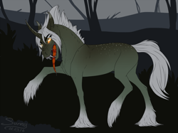 Size: 1000x746 | Tagged: safe, artist:sunny way, oc, oc only, oc:swan song, horse, pony, unicorn, angry, art, creepy, forest, horsified, open mouth, patreon reward, rcf community, scary, solo