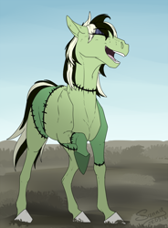 Size: 734x1000 | Tagged: safe, artist:sunny way, oc, oc only, oc:spare parts, earth pony, horse, pony, zombie, art, blue, colored, female, green, horsified, laughing, lineart, patreon reward, rcf community, sky, smiling, solo, unshorn fetlocks