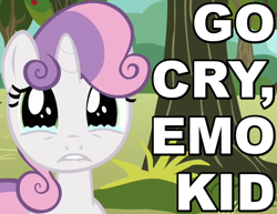 Size: 550x425 | Tagged: safe, edited screencap, screencap, sweetie belle, one bad apple, caption, crying, edgy, image macro, lip bite, reaction image, solo