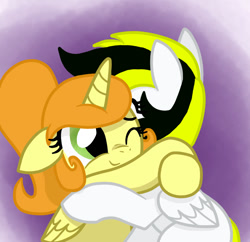 Size: 775x750 | Tagged: safe, artist:php54, oc, oc only, oc:melodyamity, alicorn, pegasus, pony, alicorn oc, couple, cuddling, cute, floppy ears, hug, one eye closed, smiling, snuggling, wink