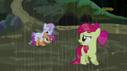 Size: 1280x720 | Tagged: safe, screencap, apple bloom, scootaloo, sweetie belle, earth pony, pegasus, pony, unicorn, appleoosa's most wanted, cute, cutealoo, cutie mark crusaders, diasweetes, female, filly, looking at each other, looking back, open mouth, out of context, ponies riding ponies, rain, raised hoof, wet mane