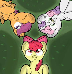 Size: 1024x1056 | Tagged: safe, artist:theartistsora, apple bloom, scootaloo, sweetie belle, earth pony, insect, pegasus, pony, unicorn, cute, cutie mark crusaders, female, filly, from above, lying down, on back