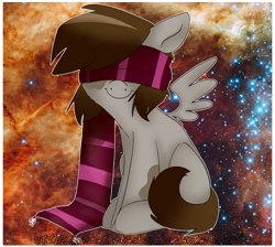 Size: 1644x1470 | Tagged: safe, artist:yashathebasher, oc, oc only, oc:yashathebasher, blindfold, clothes, cosmic, scarf, smiling, solo, the cosmos