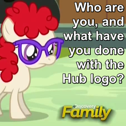 Size: 450x450 | Tagged: safe, screencap, twist, slice of life (episode), caption, discovery family, discovery family logo, glasses, image macro, question, solo