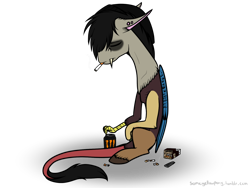 Size: 1024x768 | Tagged: safe, artist:suenden-hund, discord, askemodiscord, cigarette, emo, energy drink, lighter, monster energy, sitting, smoking, solo