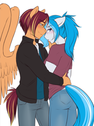 Size: 616x827 | Tagged: safe, artist:askbubblelee, oc, oc only, oc:bubble lee, oc:imago, oc:sunstreak, anthro, pegasus, unicorn, anthro oc, blushing, clothes, looking away, male, ponytail, straight