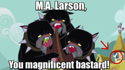 Size: 640x360 | Tagged: safe, edit, edited screencap, screencap, bon bon, cerberus (character), sweetie drops, cerberus, dog, it's about time, slice of life (episode), caption, collar, dog collar, drool, hilarious in hindsight, image macro, larson you magnificent bastard, m.a. larson, meme, mind blown, multiple heads, secret agent sweetie drops, spiked collar, tartarus, three heads, vulgar