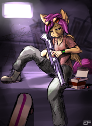 Size: 2094x2863 | Tagged: safe, artist:greenfireartist, scootaloo, anthro, gun, shotgun, skateboard, solo, sunglasses, weapon