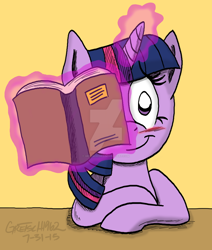 Size: 1024x1210 | Tagged: dead source, safe, artist:gretsch1962, twilight sparkle, pony, unicorn, blushing, book, deviantart watermark, female, magic, mare, obtrusive watermark, solo, watermark