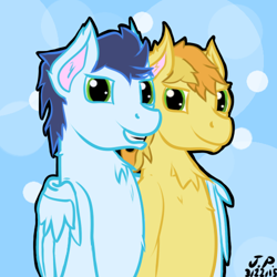 Size: 500x500 | Tagged: safe, artist:attackdog1000, braeburn, soarin', gay, hug, male, shipping, soarburn, winghug