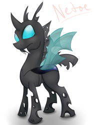 Size: 1500x2000 | Tagged: safe, artist:netoey, changeling, drone, fangs, horn, solo, wings