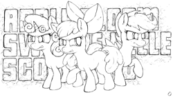 Size: 1920x1080 | Tagged: safe, artist:mrpotat0wned, apple bloom, scootaloo, sweetie belle, angry, cutie mark crusaders, monochrome