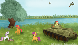 Size: 1024x592 | Tagged: safe, artist:bacbko, apple bloom, babs seed, scootaloo, sweetie belle, cutie mark crusaders, mig-3, plane, t-34, tank (vehicle)