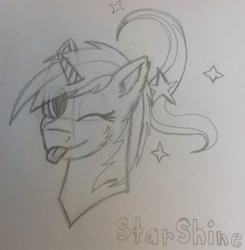 Size: 1897x1936 | Tagged: safe, artist:drawingsign1234, oc, oc only, oc:starshine, pony, unicorn, bust, drawing, female, mare, monochrome, portrait, request, requested art, sketch, solo, traditional art