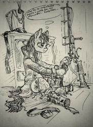 Size: 585x800 | Tagged: safe, artist:agm, earth pony, pony, clothes, gun, military uniform, monochrome, russian, solo, traditional art, undressing