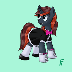 Size: 2000x2000 | Tagged: safe, artist:frecklesfanatic, oc, oc only, oc:casting shadow, pony, unicorn, clothes, gloves, maid, shoes, solo