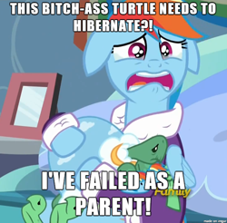 Size: 610x601 | Tagged: safe, derpibooru import, rainbow dash, tank, pegasus, pony, bathrobe, clothes, crying, dashie slippers, depression dash, i've failed as a parent, image macro, meme, robe, tank slippers, vulgar