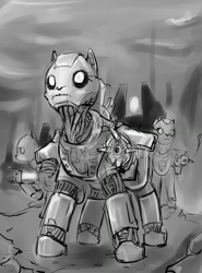 Size: 1120x1517 | Tagged: safe, artist:mod-of-chaos, grayscale, monochrome, monolith, necron, necron warrior, ponified, warhammer (game), warhammer 40k