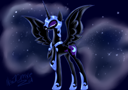 Size: 2000x1405 | Tagged: safe, artist:neatomixie, nightmare moon, alicorn, black coat, female, horn, mare, simple background, solo