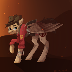 Size: 700x700 | Tagged: safe, artist:boolka-boolka, bandage, ponified, red team, scratches, sniper, solo, team fortress 2